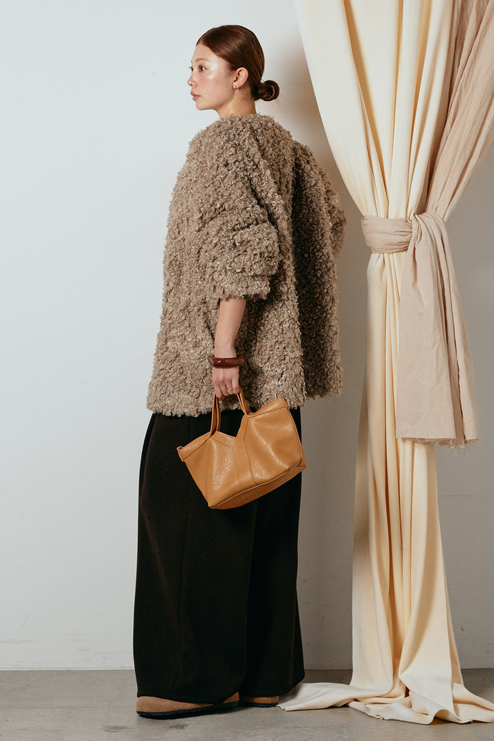 [SET]シープライクファージャケット+フェイクレザー太ベルト付きタックワイドパンツ(2set)