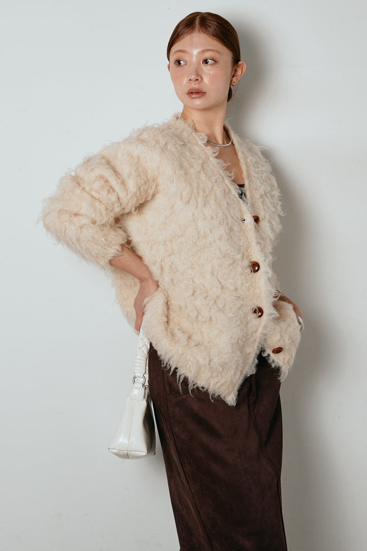 [SET]ルーズシャギーニットカーディガン+スウェードライク裾フリンジスカート(2set)