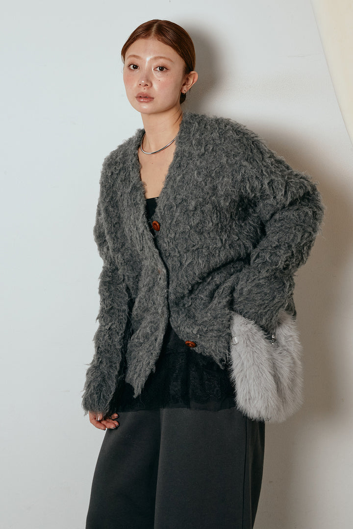 [SET]ルーズシャギーニットカーディガン+裏起毛スウェットワイドパンツ+レース切り替えキャミソール(3set)