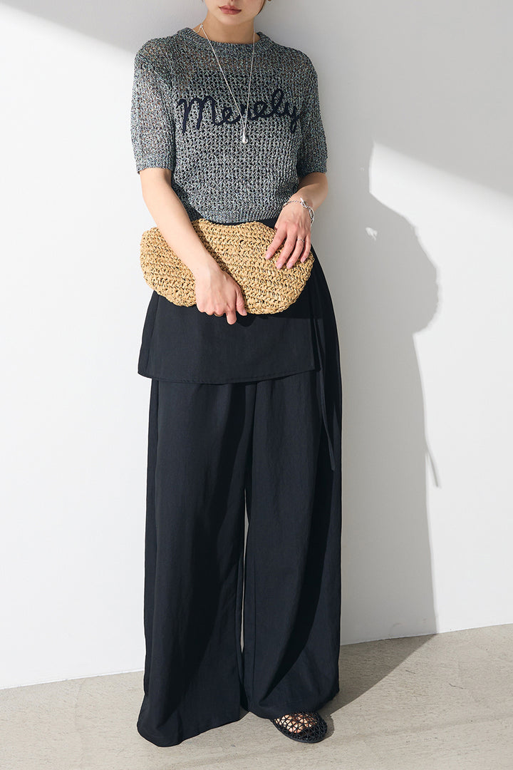 [SET]コード刺繍ロゴ入り麻タッチプルオーバー+ウエストレイヤードスカートパンツ(2set)