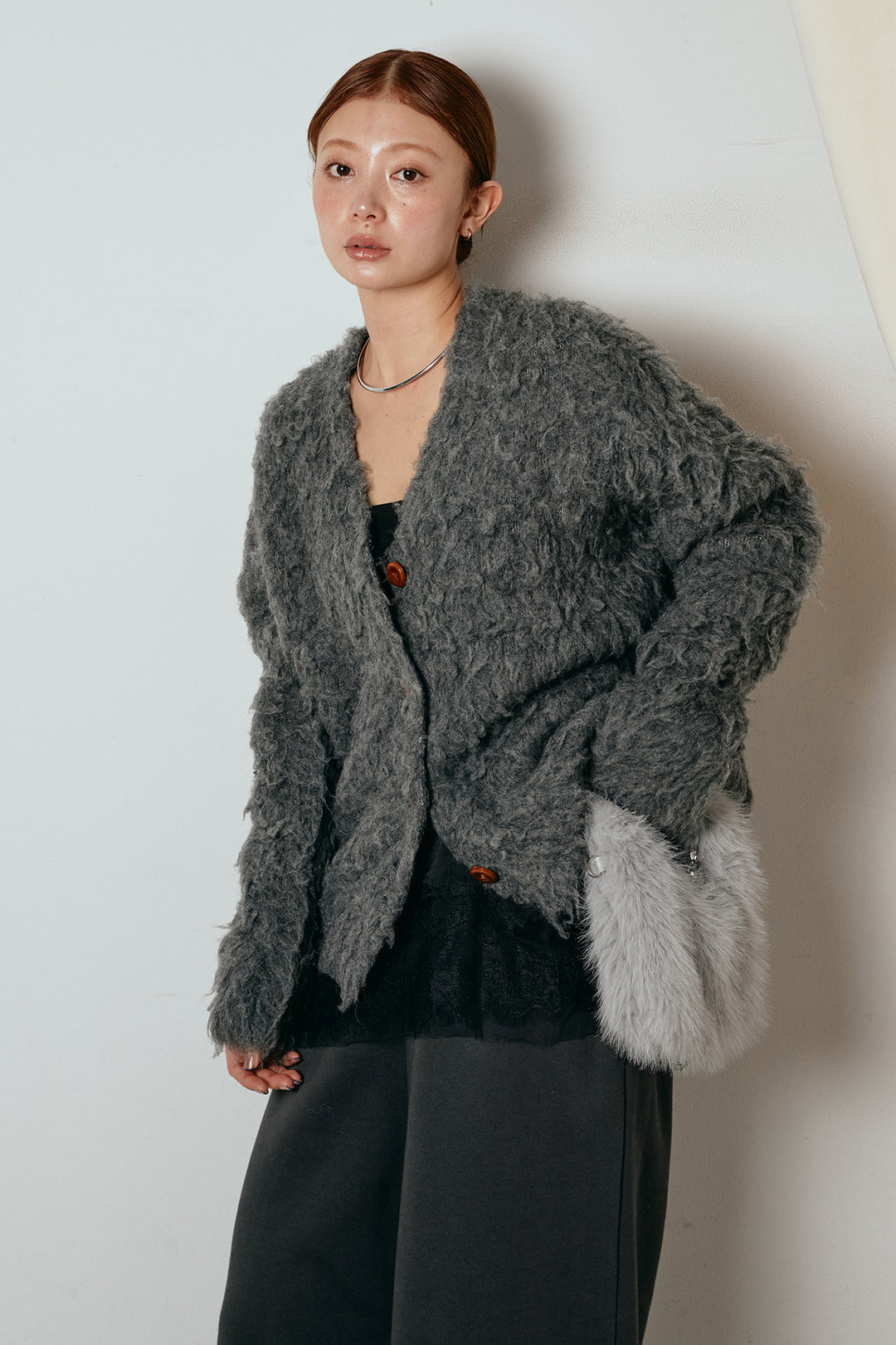 [SET]ルーズシャギーニットカーディガン+裏起毛スウェットワイドパンツ(2set)