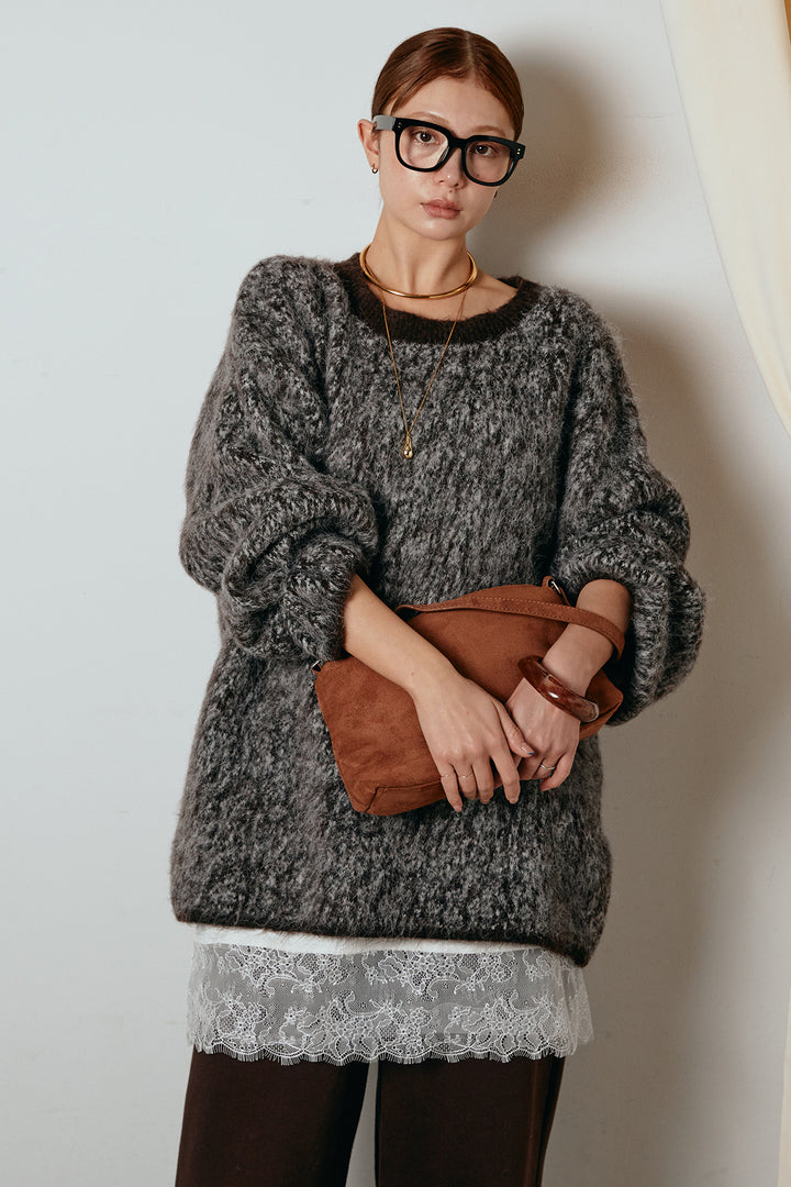 [SET]ボリュームスリーブミックスニットトップス+裏起毛スウェットワイドパンツ+レース切り替えキャミソール(3set)