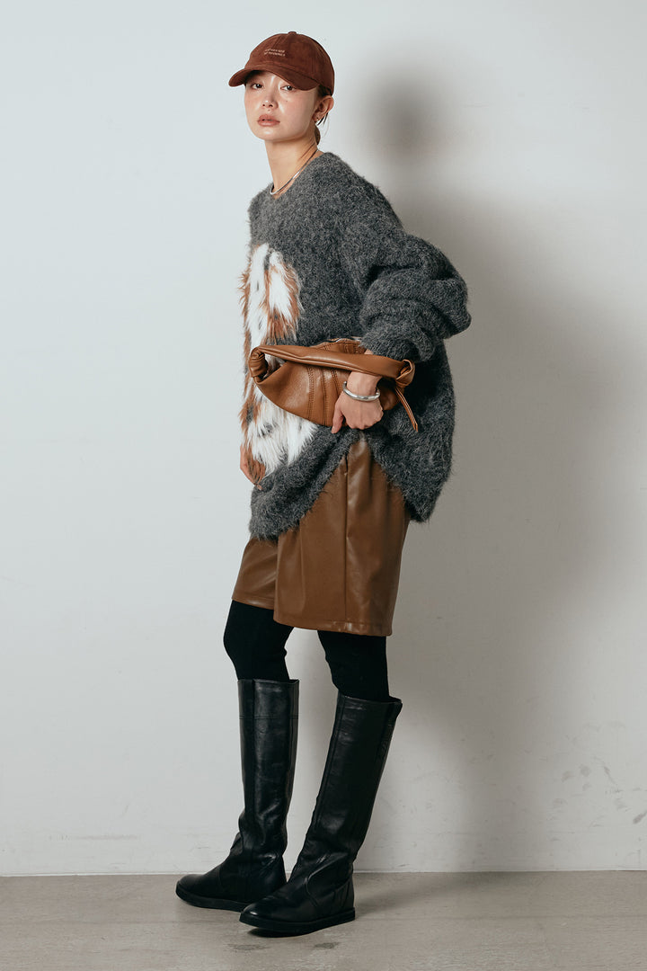 [SET]シャギーニュアンスアニマルニット+ストレッチエコレザーバミューダパンツ(2set)