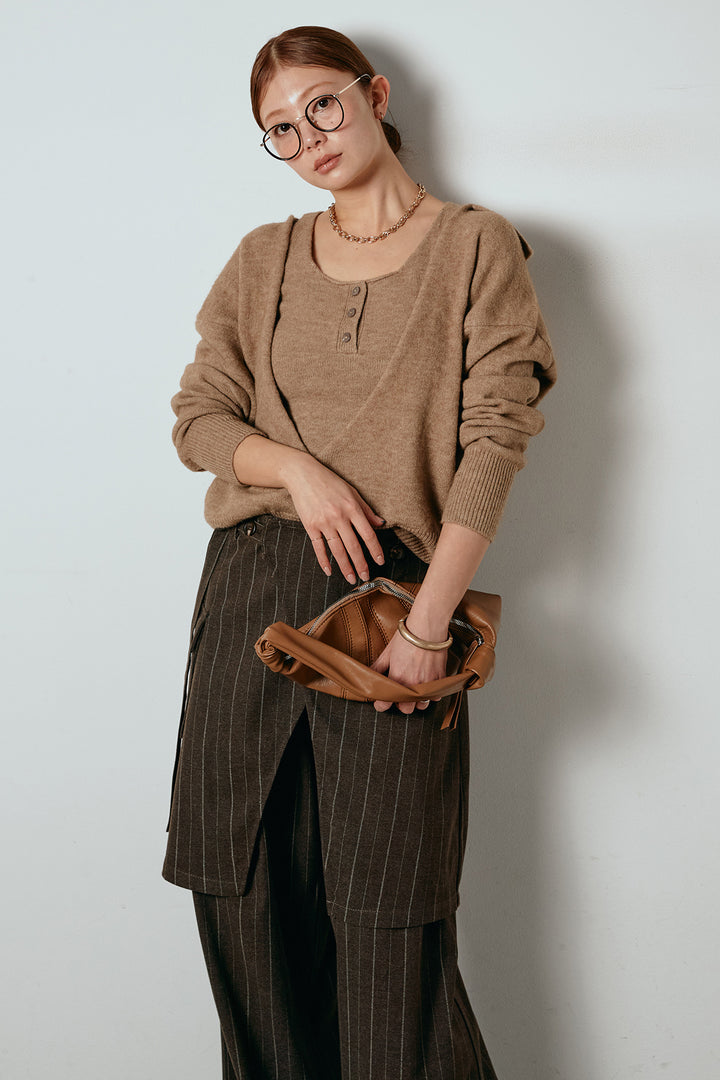 [SET]襟付きレイヤードニットトップス+細ストライプレイヤードデザインパンツ(2set)