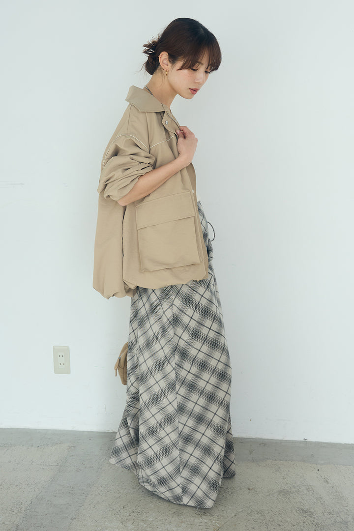 [SET]合繊ツイルバルーンジャケット+タータンチェック柄フロントデザインスカート(2set)
