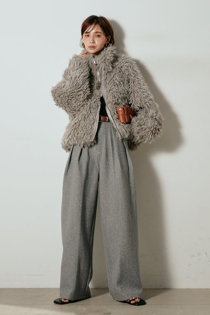 【着回しセット】[SET]ミックスシープファースタンドブルゾン+花柄刺繍ベロアフレアスカート+フェイクウールタックトラウザーズパンツ(3set)