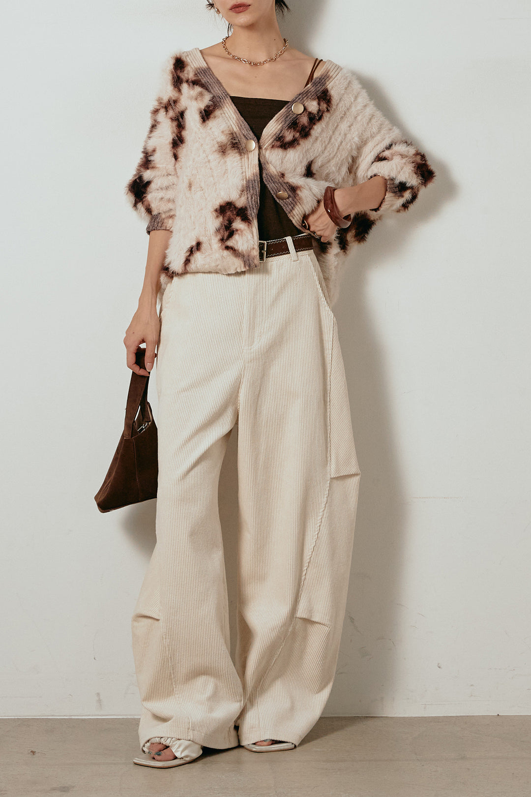 【着回しセット】[SET]タイダイ柄シャギーニットカーディガン+タック入りコーデュロイワイドパンツ+タイダイ柄シャギーニットカーディガン(3set)