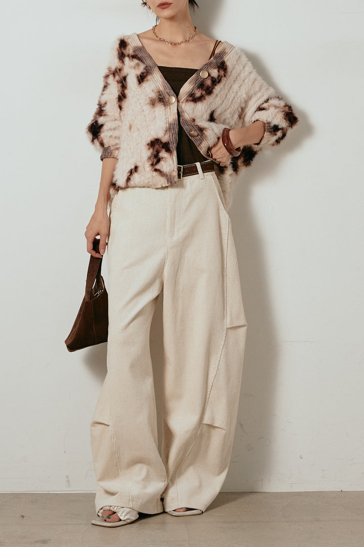 【着回しセット】[SET]タイダイ柄シャギーニットカーディガン+タック入りコーデュロイワイドパンツ+タイダイ柄シャギーニットカーディガン(3set)