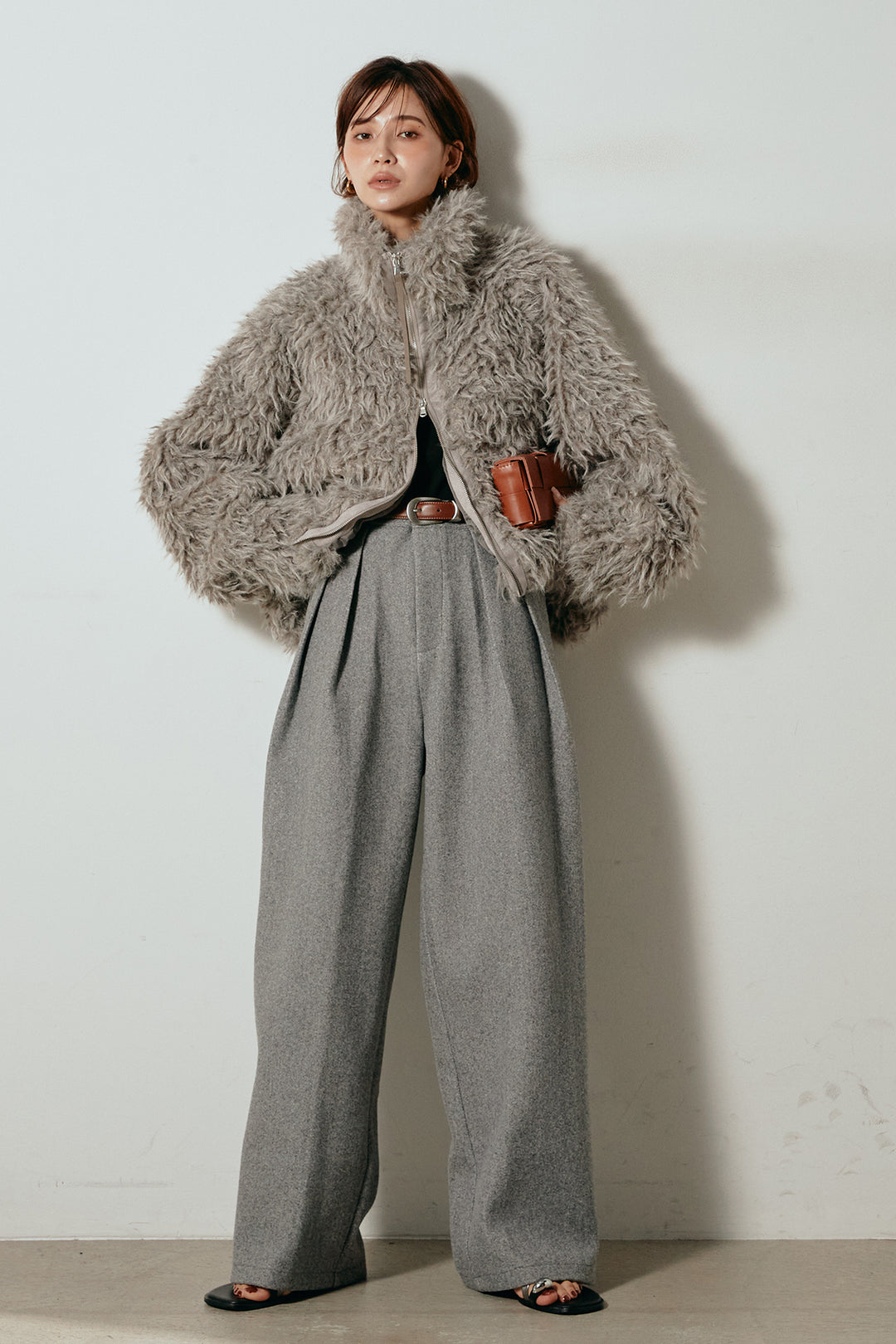 【着回しセット】[SET]ミックスシープファースタンドブルゾン+花柄刺繍ベロアフレアスカート+フェイクウールタックトラウザーズパンツ(3set)