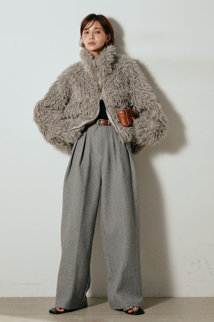 【着回しセット】[SET]ミックスシープファースタンドブルゾン+花柄刺繍ベロアフレアスカート+フェイクウールタックトラウザーズパンツ(3set)