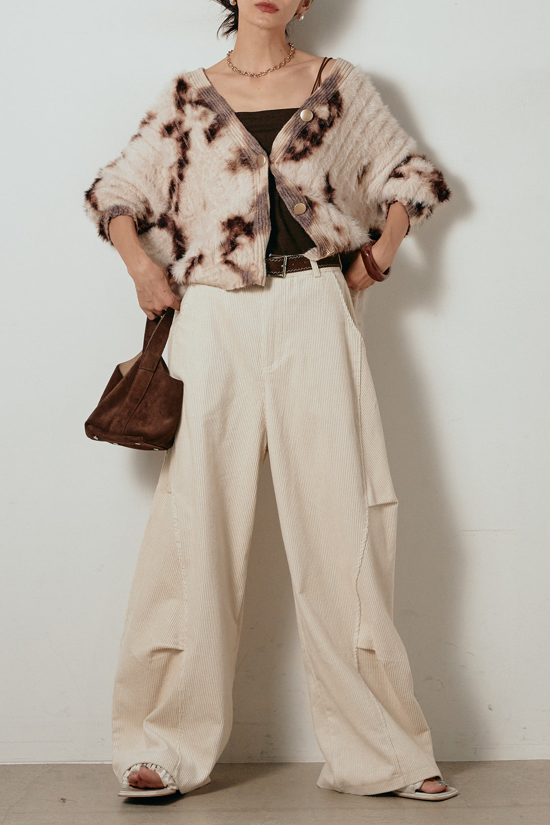 【着回しセット】[SET]タイダイ柄シャギーニットカーディガン+タック入りコーデュロイワイドパンツ+タイダイ柄シャギーニットカーディガン(3set)