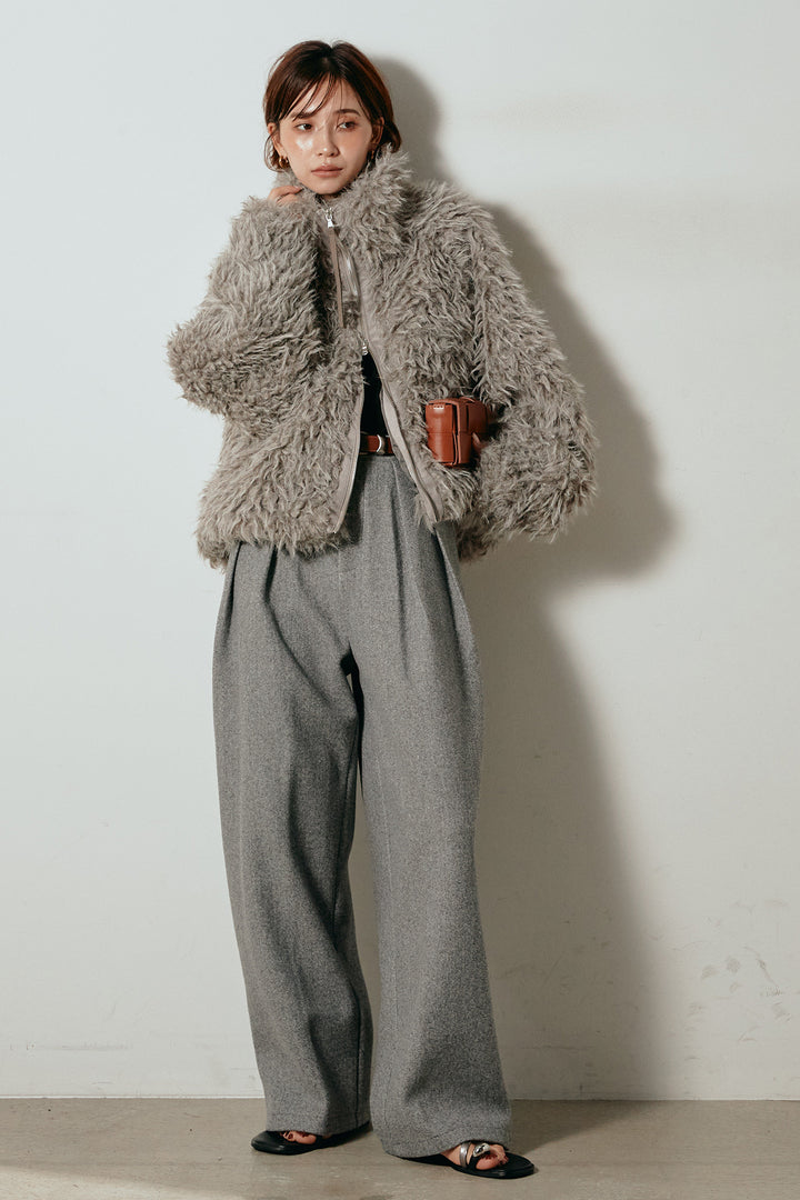 【着回しセット】[SET]ミックスシープファースタンドブルゾン+花柄刺繍ベロアフレアスカート+フェイクウールタックトラウザーズパンツ(3set)