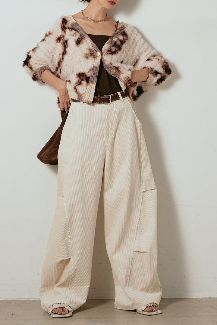 【着回しセット】[SET]タイダイ柄シャギーニットカーディガン+タック入りコーデュロイワイドパンツ+タイダイ柄シャギーニットカーディガン(3set)