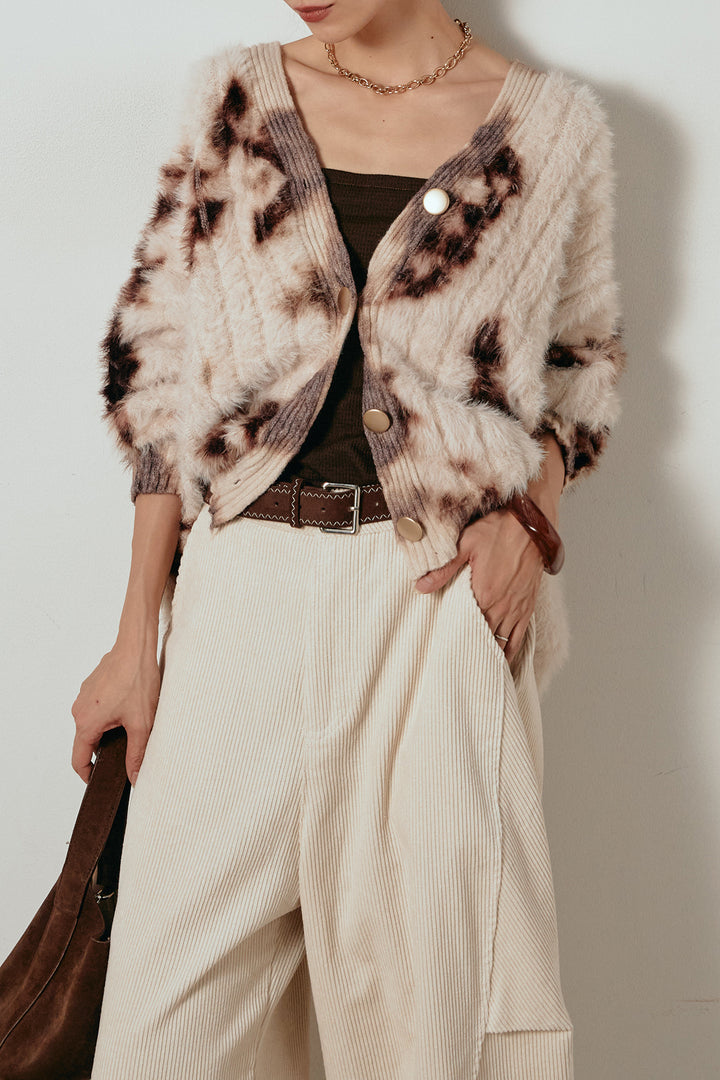 【着回しセット】[SET]タイダイ柄シャギーニットカーディガン+タック入りコーデュロイワイドパンツ+タイダイ柄シャギーニットカーディガン(3set)