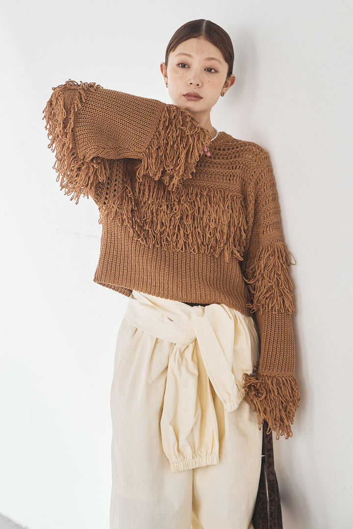 [SET]メッシュフリンジ切り替えプルオーバー+合繊ツイルスタンドウエスト巻きジョガーパンツ(2set)