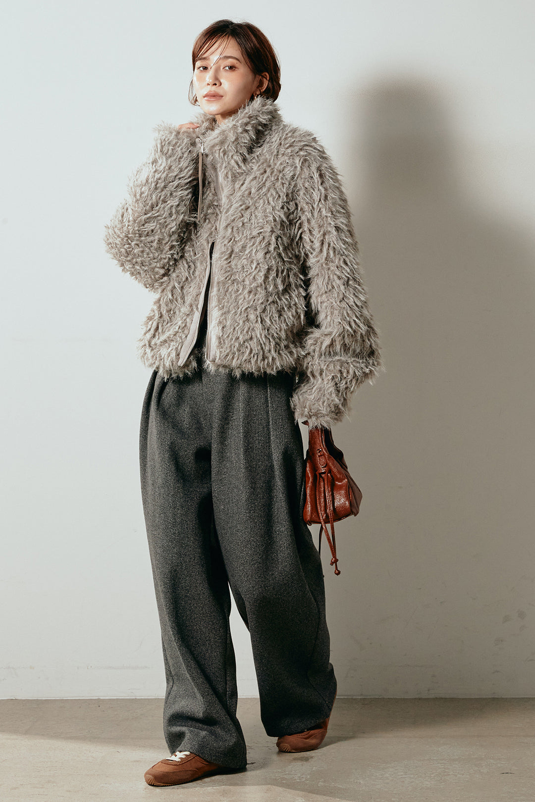 【着回しセット】[SET]ミックスシープファースタンドブルゾン+花柄刺繍ベロアフレアスカート+フェイクウールタックトラウザーズパンツ(3set)