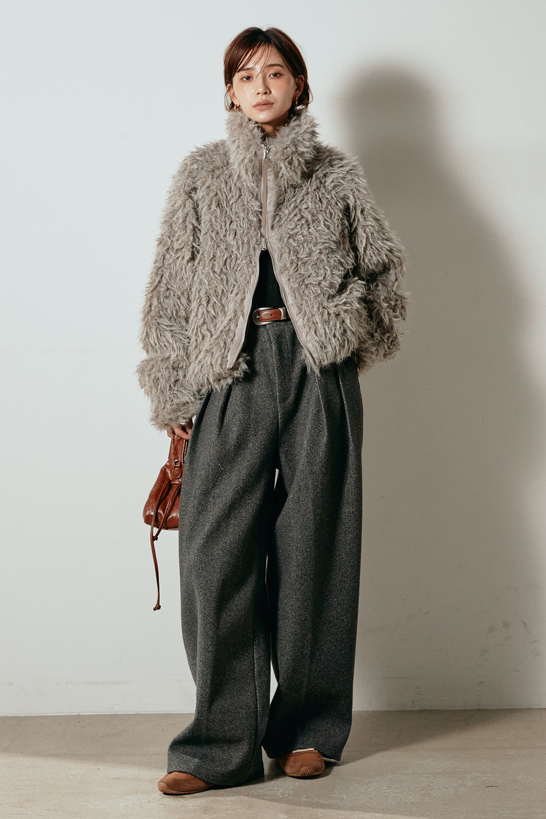 【着回しセット】[SET]ミックスシープファースタンドブルゾン+花柄刺繍ベロアフレアスカート+フェイクウールタックトラウザーズパンツ(3set)