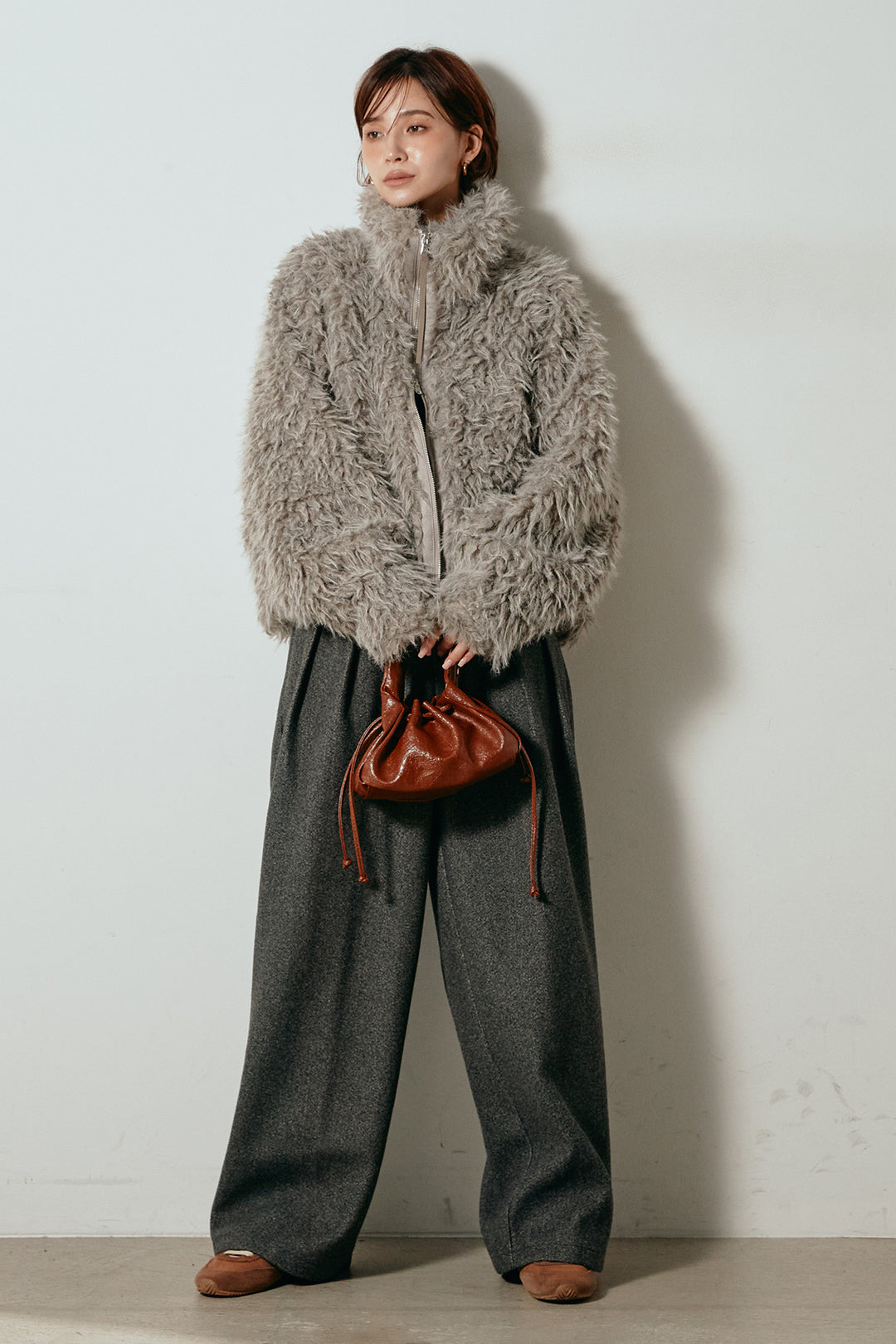 【着回しセット】[SET]ミックスシープファースタンドブルゾン+花柄刺繍ベロアフレアスカート+フェイクウールタックトラウザーズパンツ(3set)