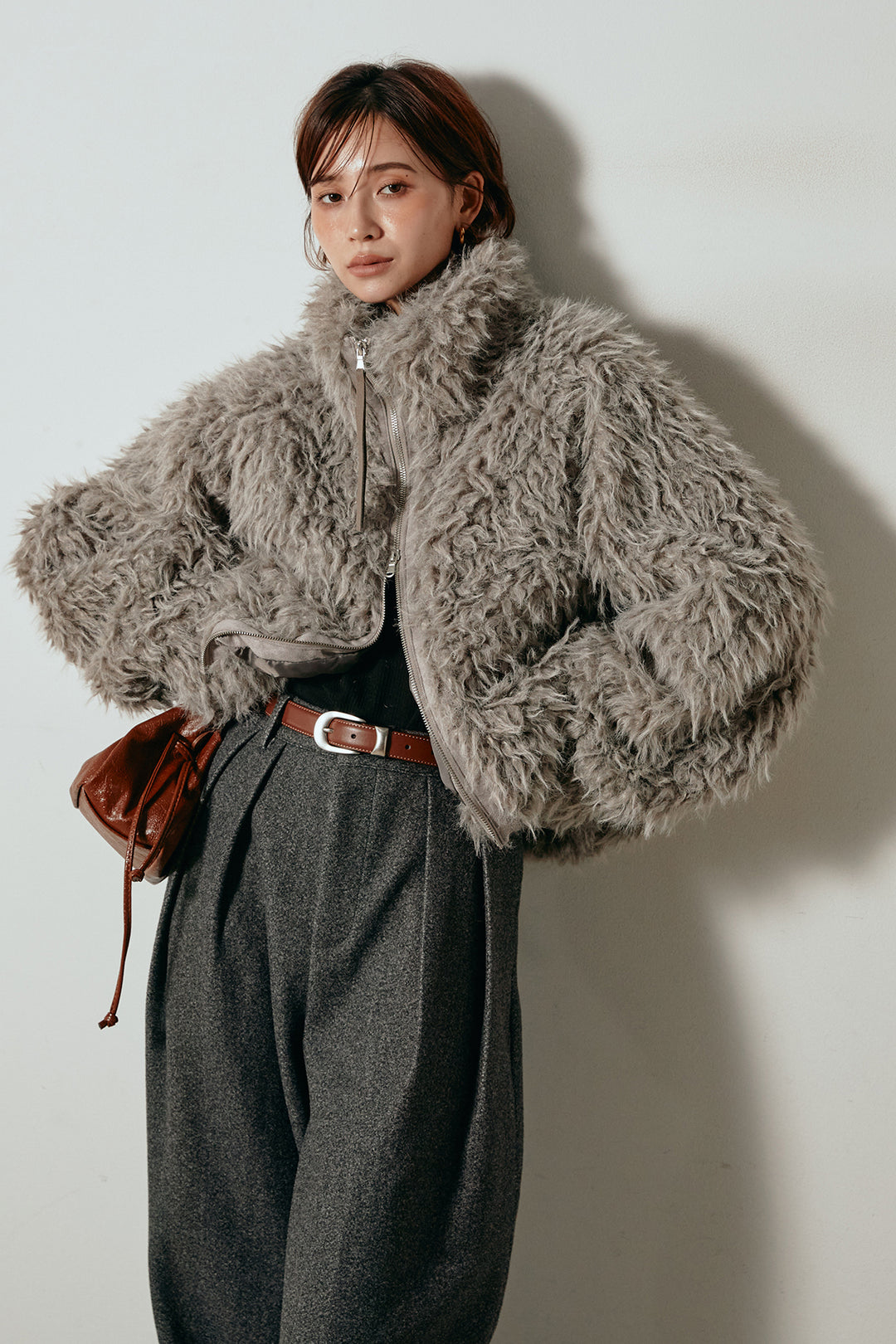 【着回しセット】[SET]ミックスシープファースタンドブルゾン+花柄刺繍ベロアフレアスカート+フェイクウールタックトラウザーズパンツ(3set)