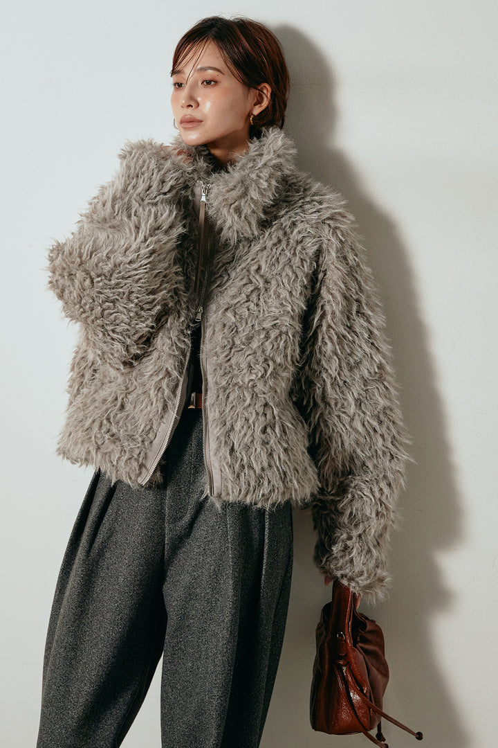 【着回しセット】[SET]ミックスシープファースタンドブルゾン+花柄刺繍ベロアフレアスカート+フェイクウールタックトラウザーズパンツ(3set)