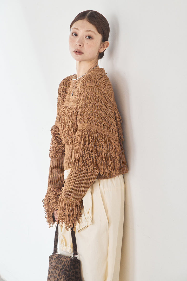 [SET]メッシュフリンジ切り替えプルオーバー+合繊ツイルスタンドウエスト巻きジョガーパンツ(2set)