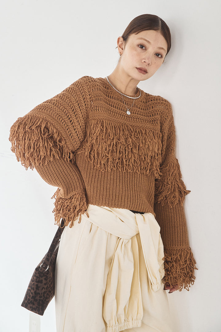 [SET]メッシュフリンジ切り替えプルオーバー+合繊ツイルスタンドウエスト巻きジョガーパンツ(2set)