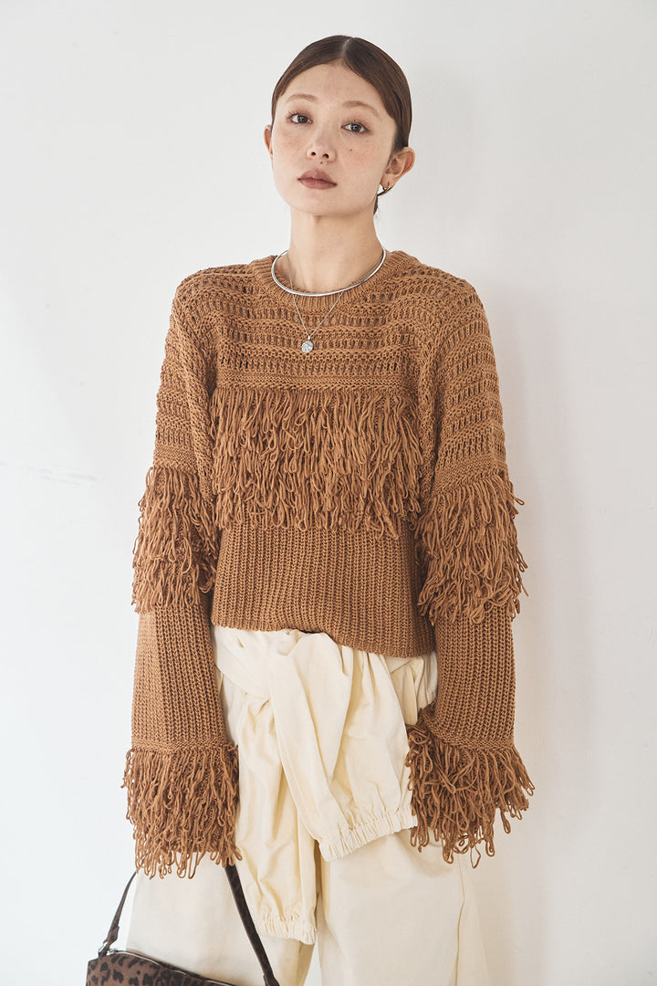 [SET]メッシュフリンジ切り替えプルオーバー+合繊ツイルスタンドウエスト巻きジョガーパンツ(2set)