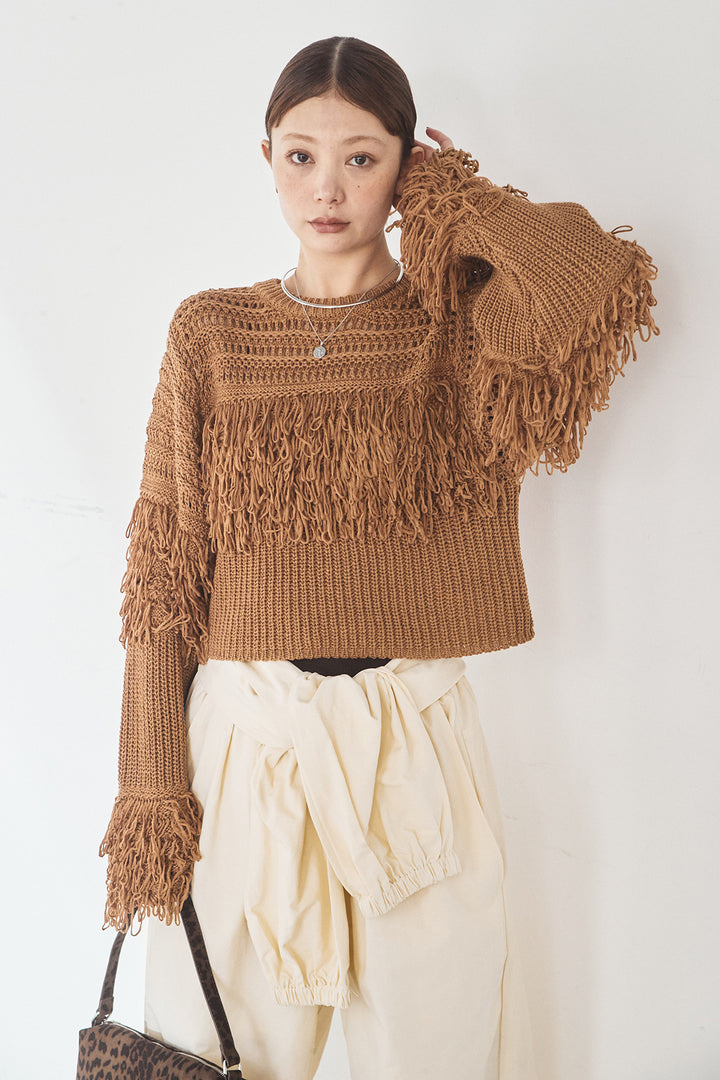 [SET]メッシュフリンジ切り替えプルオーバー+合繊ツイルスタンドウエスト巻きジョガーパンツ(2set)