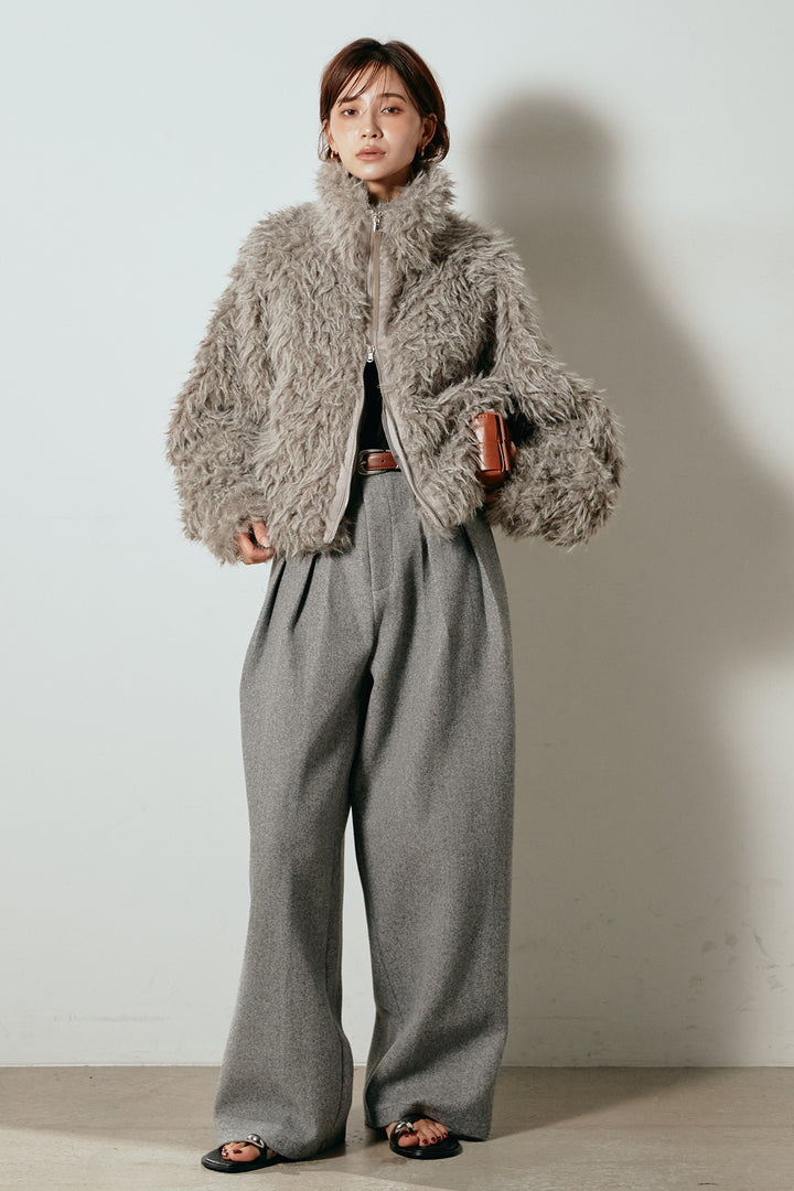 【着回しセット】[SET]ミックスシープファースタンドブルゾン+花柄刺繍ベロアフレアスカート+フェイクウールタックトラウザーズパンツ(3set)