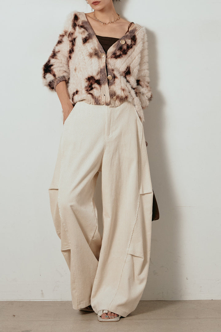 【着回しセット】[SET]タイダイ柄シャギーニットカーディガン+タック入りコーデュロイワイドパンツ+タイダイ柄シャギーニットカーディガン(3set)