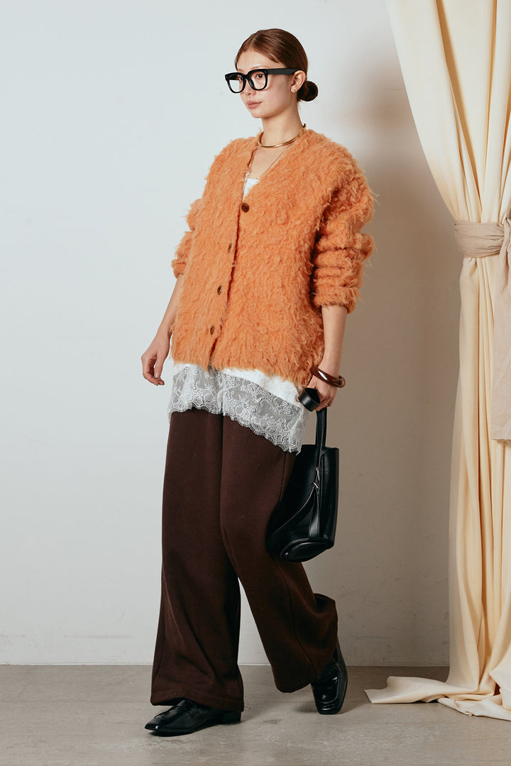 [SET]ルーズシャギーニットカーディガン+裏起毛スウェットワイドパンツ+レース切り替えキャミソール(3set)