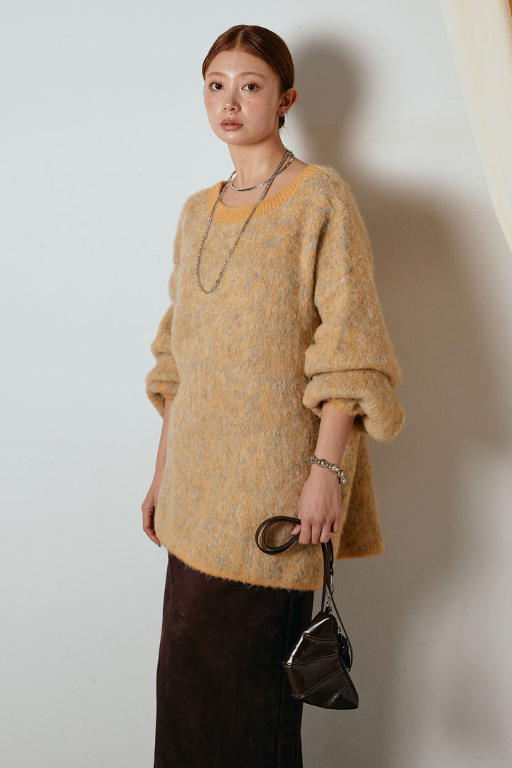 [SET]ボリュームスリーブミックスニットトップス+スウェードライク裾フリンジスカート(2set)