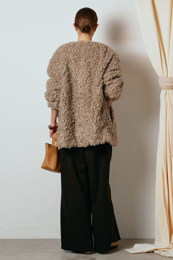 [SET]シープライクファージャケット+フェイクレザー太ベルト付きタックワイドパンツ(2set)