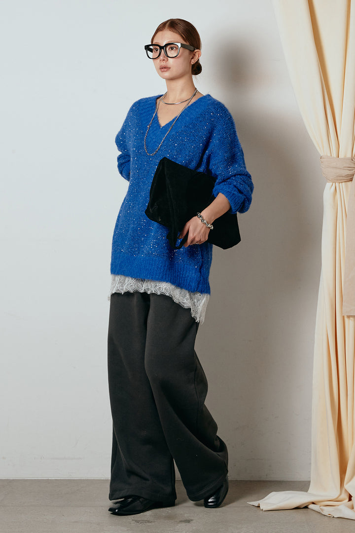 [SET]Vネックルーズラメニットトップス+裏起毛スウェットワイドパンツ(2set)