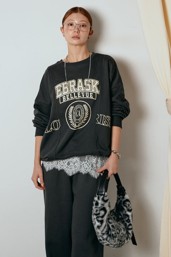 [SET]裏毛カレッジプリントプルオーバー+裏起毛スウェットワイドパンツ+カップ付きレースドッキングキャミソール(3set)