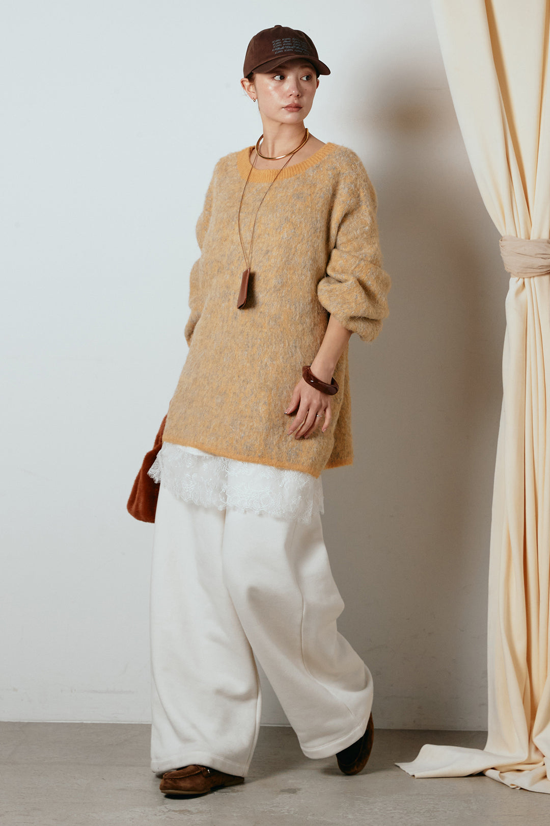 [SET]ボリュームスリーブミックスニットトップス+裏起毛スウェットワイドパンツ(2set)