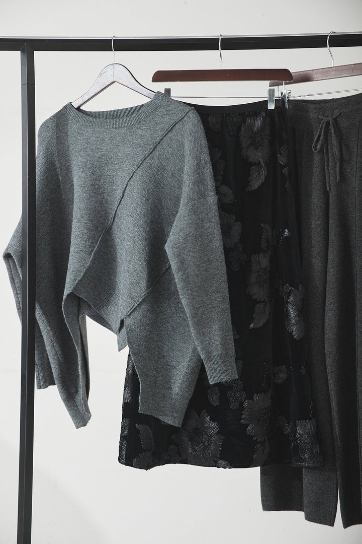 【着回しセット】[SET]アシンメトリーデザインニットトップス+センターラインニットパンツ+フラワー刺繍ワイドスカート(3set)