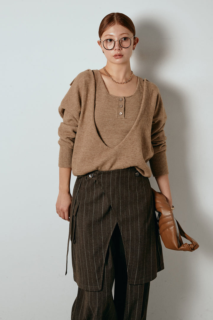 [SET]襟付きレイヤードニットトップス+細ストライプレイヤードデザインパンツ(2set)