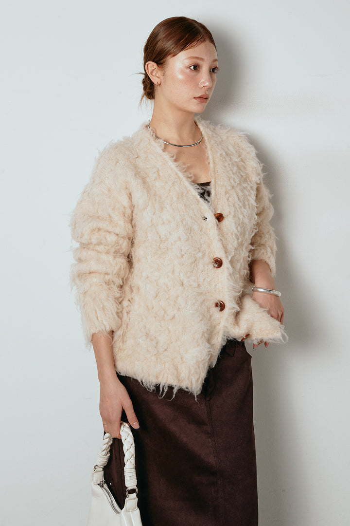 [SET]ルーズシャギーニットカーディガン+スウェードライク裾フリンジスカート(2set)