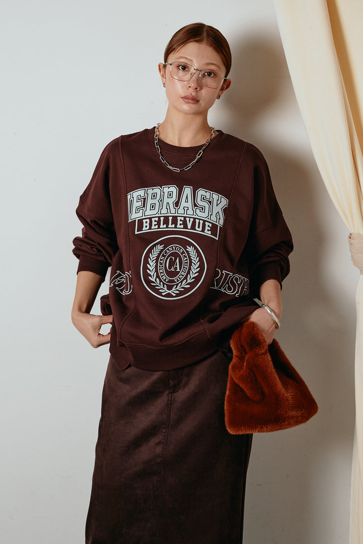 [SET]裏毛カレッジプリントプルオーバー+スウェードライク裾フリンジスカート(2set)