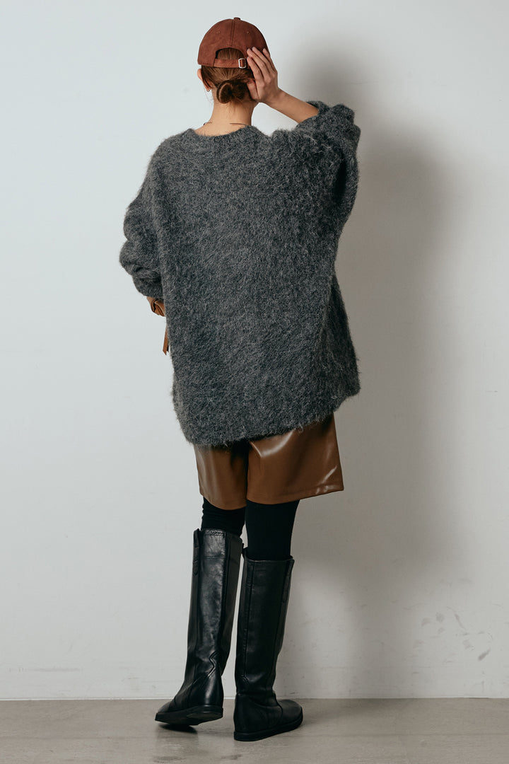 [SET]シャギーニュアンスアニマルニット+ストレッチエコレザーバミューダパンツ(2set)