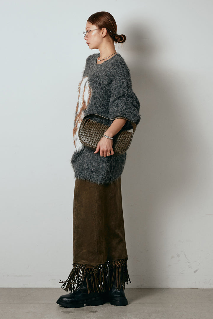 [SET]シャギーニュアンスアニマルニット+スウェードライク裾フリンジスカート(2set)