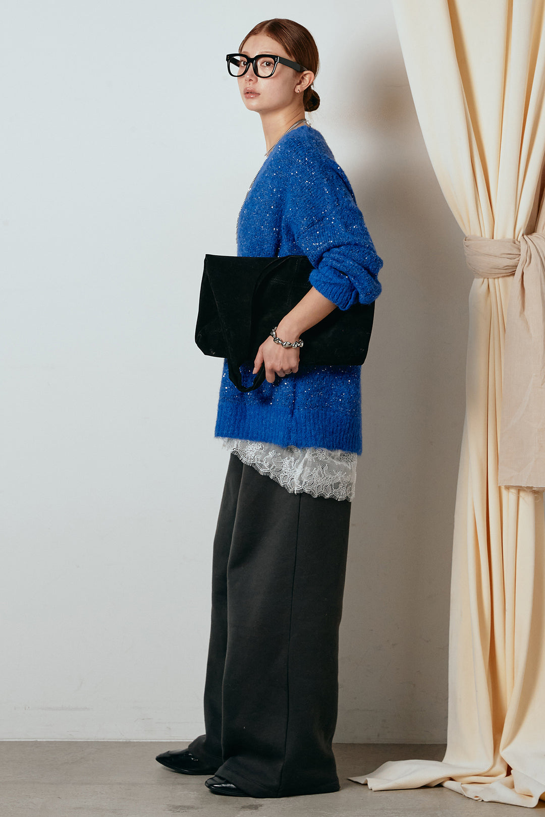 [SET]Vネックルーズラメニットトップス+レース切り替えキャミソール(2set)