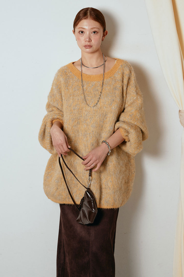 [SET]ボリュームスリーブミックスニットトップス+スウェードライク裾フリンジスカート(2set)