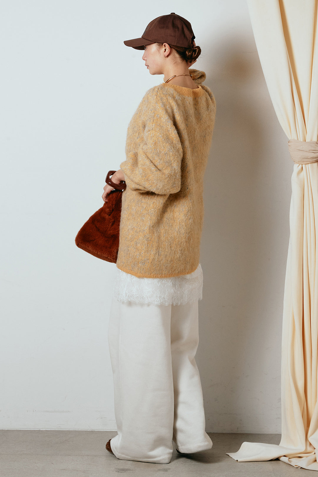 [SET]ボリュームスリーブミックスニットトップス+裏起毛スウェットワイドパンツ(2set)