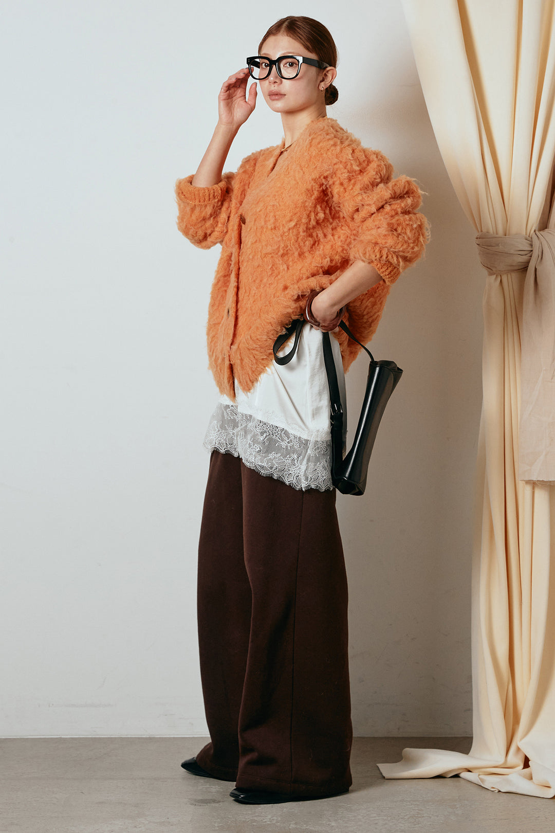 [SET]ルーズシャギーニットカーディガン+レース切り替えキャミソール(2set)