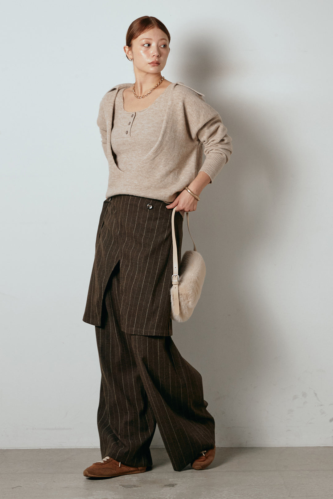 [SET]襟付きレイヤードニットトップス+細ストライプレイヤードデザインパンツ(2set)