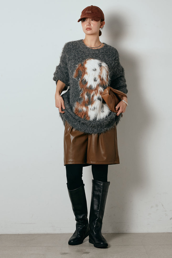 [SET]シャギーニュアンスアニマルニット+ストレッチエコレザーバミューダパンツ(2set)