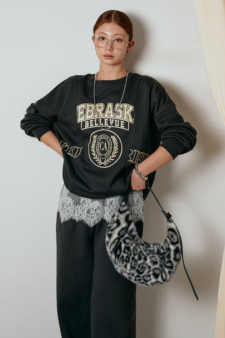 [SET]裏毛カレッジプリントプルオーバー+裏起毛スウェットワイドパンツ+カップ付きレースドッキングキャミソール(3set)