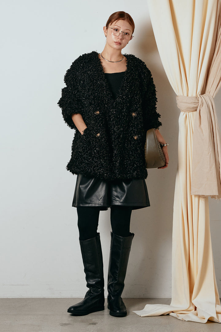 [SET]シープライクファージャケット+ストレッチエコレザーバミューダパンツ(2set)